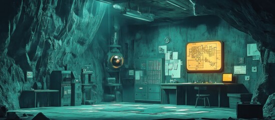 Wall Mural - a dimly lit underground laboratory with a desk, a chair, a computer, and a large map on the wall.