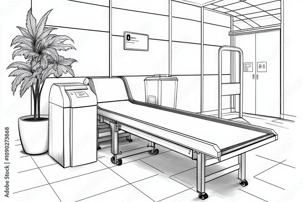 Airport security checkpoint drawn in minimalist style, with simple line ...