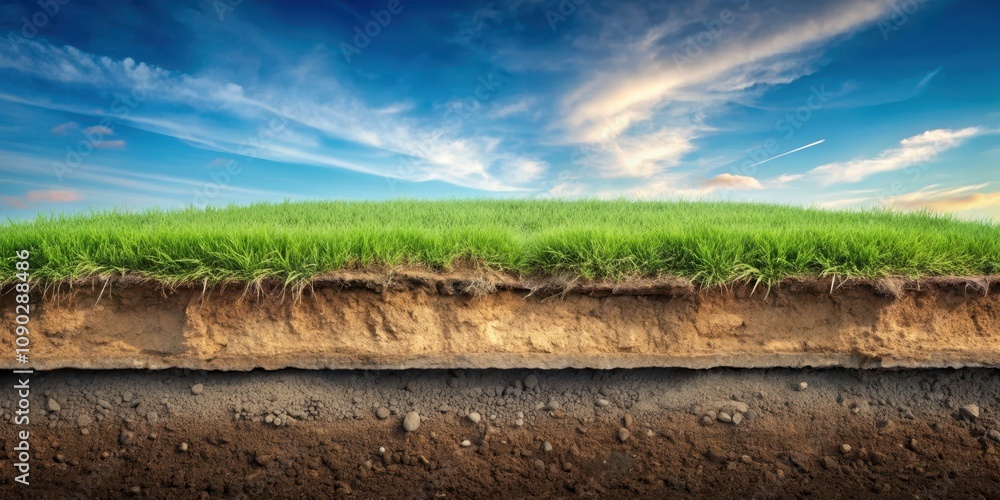 Underground cross section of earth showing soil layers with grass on ...