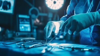 Poster - A close-up view of a surgeon performing a delicate operation, with surgical tools and monitors in the background, Operating room scene