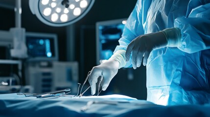 Poster - A close-up view of a surgeon performing a delicate operation, with surgical tools and monitors in the background, Operating room scene