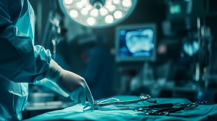 Poster - A close-up view of a surgeon performing a delicate operation, with surgical tools and monitors in the background, Operating room scene