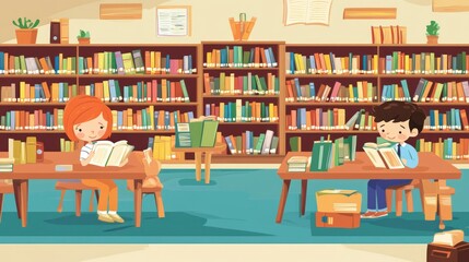 Aufkleber - Children reading books in a cozy library setting with colorful bookshelves.