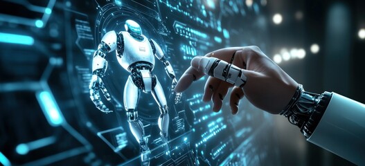 Fototapete - A robotic hand interacts with a holographic display showcasing a humanoid robot.