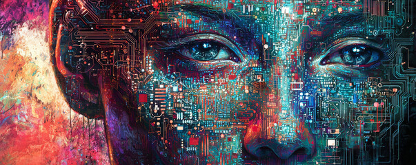 Wall Mural - digital face composed of intricate circuits and vibrant colors, showcasing fusion of technology and 