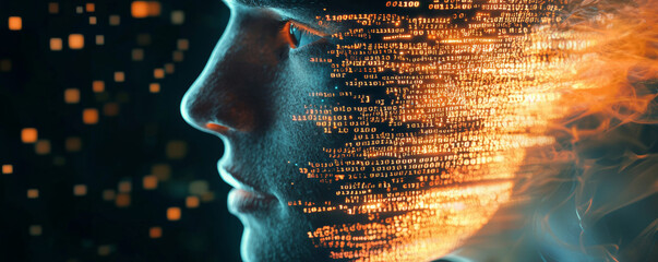 Wall Mural - digital face with binary code flowing across it, symbolizing technology and data. glowing effect add