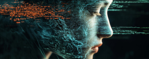 Wall Mural - face with flowing binary code, representing digital transformation and technology. intricate pattern