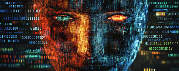 Wall Mural - digital face with binary code flowing, representing artificial intelligence and technology. vibrant 