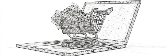 Aufkleber - A laptop with a shopping cart, symbolizing online shopping and e-commerce.