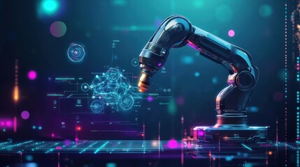 Fototapete - A futuristic robotic arm interacts with digital data in a high-tech environment.