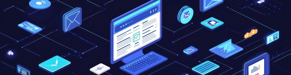 Aufkleber - Digital workspace with various icons representing communication and data.