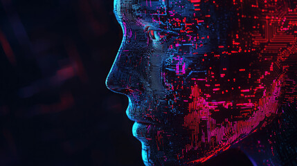 Wall Mural - digital face composed of pixels and circuits, showcasing vibrant colors and intricate patterns, symb
