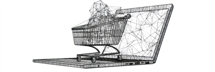 Aufkleber - A digital shopping cart emerging from a laptop, symbolizing online commerce.