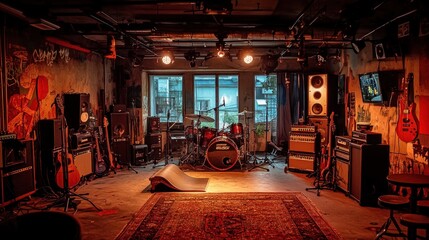 Aufkleber - A cozy music studio featuring instruments and equipment, ready for recording or practice.