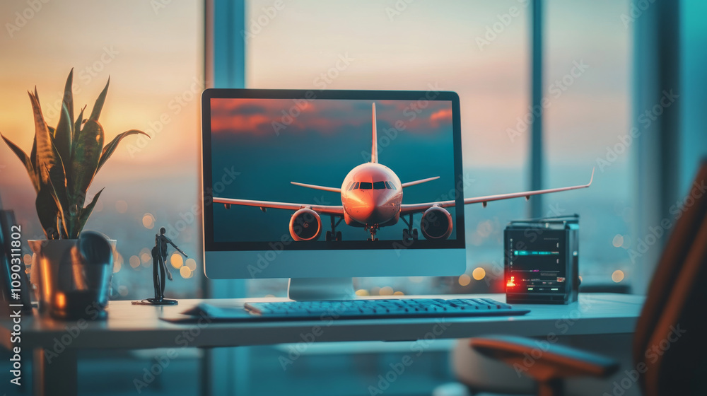 Computer Plane Screen A plane image appears on a computer screen; it shows how you can book ...