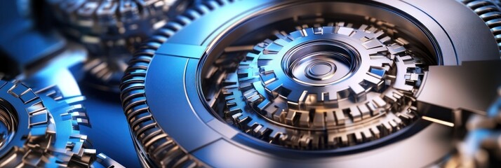 Fototapete - Close-up of intricate metallic gears showcasing engineering and design.