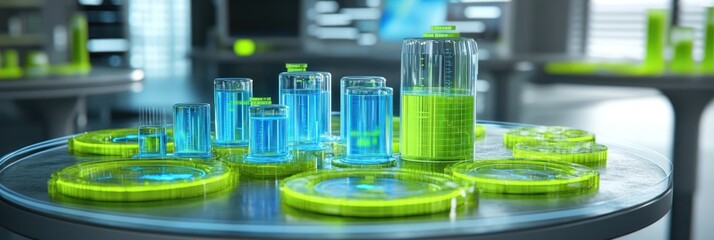 Aufkleber - Laboratory setup with colorful liquids in glassware for scientific experimentation.