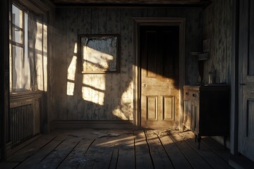 Wall Mural - An empty, dimly lit room with wooden floors and a door, evoking a sense of nostalgia.