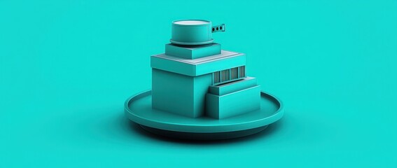 Fototapete - A stylized 3D representation of an industrial building on a circular base.