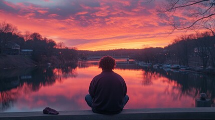 Fototapete - A person sits by a river, admiring a vibrant sunset reflected in the water.