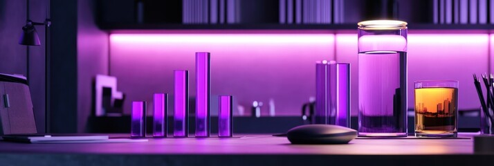 Poster - A modern workspace with test tubes and drinks, illuminated by purple lighting.