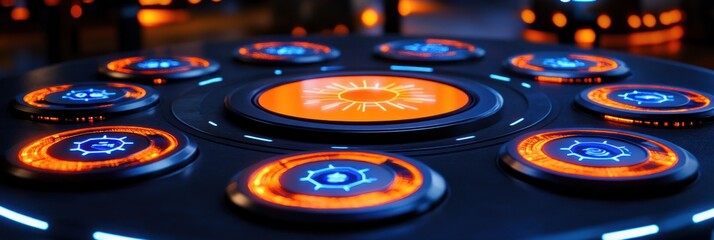 Fototapete - Futuristic control panel with illuminated buttons for advanced technology interaction.