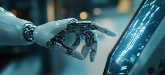 Fototapete - A robotic hand interacts with a digital interface, showcasing advanced technology.