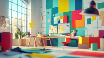 Poster - Bright, creative workspace with colorful wall art and organized desk items.
