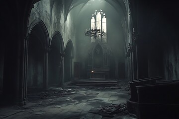 Wall Mural - A dimly lit, abandoned church interior with gothic architecture and a sense of mystery.