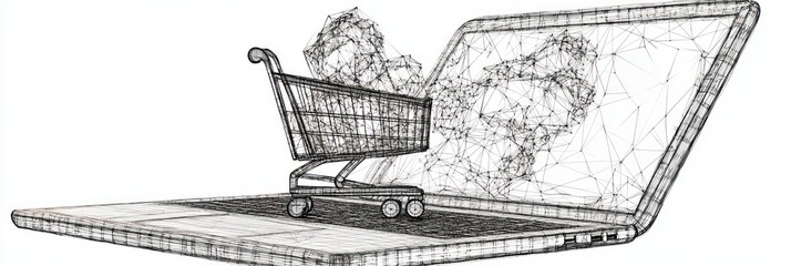 Aufkleber - A wireframe laptop with a shopping cart symbolizes online shopping and e-commerce.