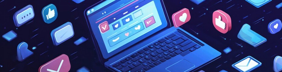 Poster - A digital illustration of a laptop surrounded by social media icons and interaction elements.