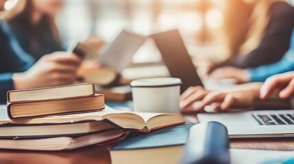 Poster - A study session with books, a laptop, and coffee on a table, indicating collaboration.
