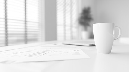 Poster - A minimalist workspace featuring a coffee mug, documents, and a laptop.