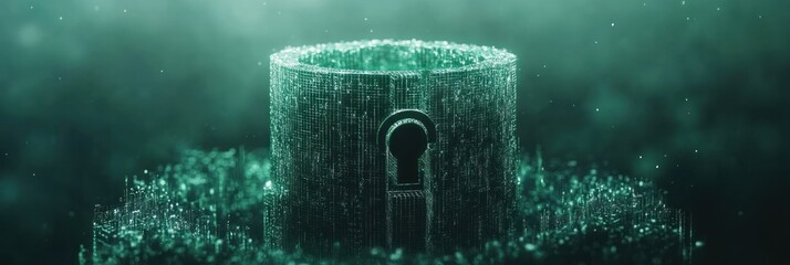 Poster - A mystical keyhole structure surrounded by glowing particles in a dark, underwater setting.