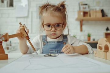 Poster - A young girl with glasses sketches designs using drafting tools on a large sheet of paper.