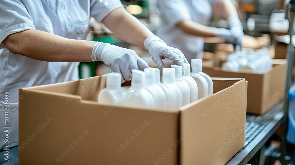 Factory workers packing bottles in cardboard boxes on an assembly line ...