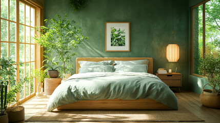 Wall Mural - Serene Green Bedroom with Lush Plants and Natural Light