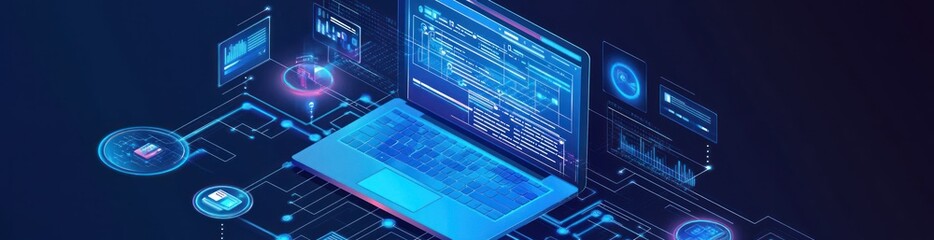 Aufkleber - Digital laptop displaying code and connected technology elements.