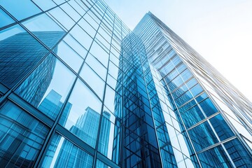 Poster - A modern skyscraper with reflective glass surfaces against a clear sky.