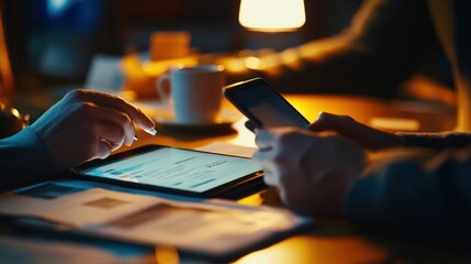 Aufkleber - Two people engaged with devices at a table, with a cup and documents nearby.
