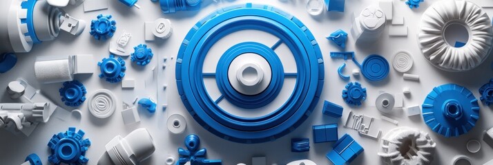 Aufkleber - A collection of blue and white mechanical parts arranged artistically on a surface.