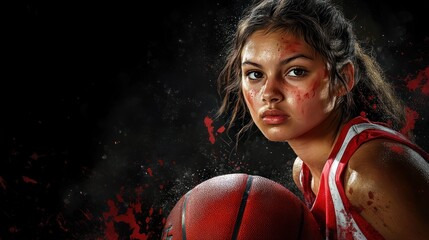 Wall Mural - A determined young athlete holding a basketball, showcasing grit and intensity.