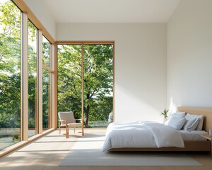 Wall Mural - A serene bedroom featuring large windows that open to a lush outdoor view, creating a bright and airy atmosphere.