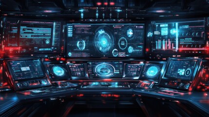 Fototapete - Futuristic control room with multiple screens displaying data and analytics.