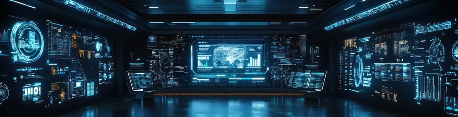 Fototapete - A futuristic control room with glowing screens and data displays.