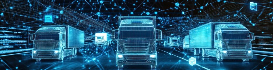 Fototapete - Digital representation of trucks connected by a network, symbolizing smart transportation.