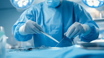 Poster - A detailed view of a surgeon in a sterile operating room, wearing a blue surgical gown and gloves, holding a scalpel ready for an incision