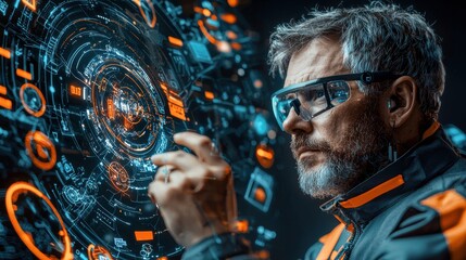 Poster - Cybersecurity expert analyzes holographic ai interface in a high-tech urban environment for advanced security solutions