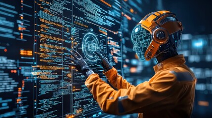 Fototapete - Hands coding ai cybersecurity algorithms against cyber standards in a high-tech environment a deep dive into modern cyber defense strategies