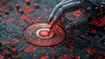 Poster - Red alert symbol activation on ai-driven data interface in dark environment a technological insight
